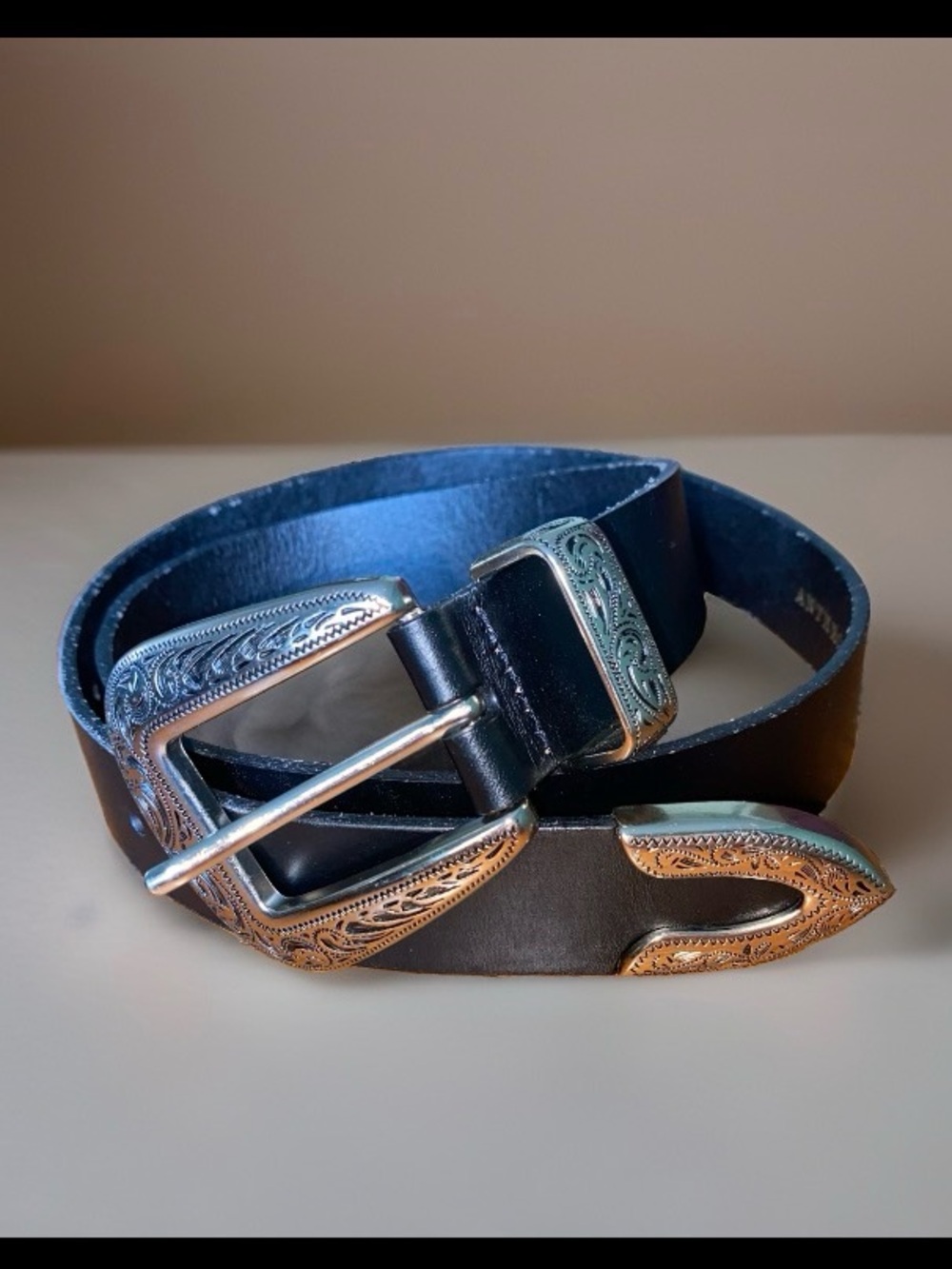 Anthropologie Black Leather Belt with Engraved Silver-Tone Western Buckle